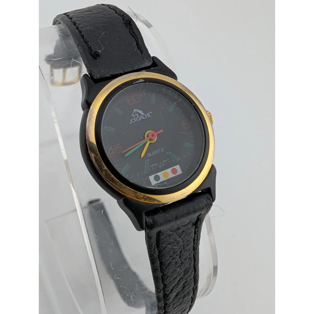 Vintage Jordache Watch Women 23mm Case Black Leather Band- New Battery‎